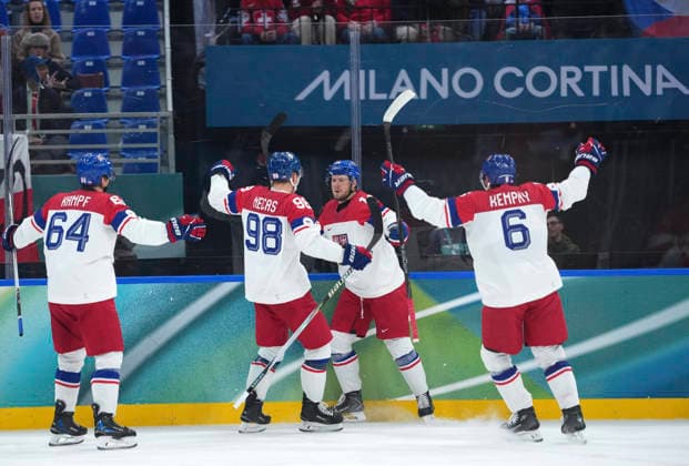 (260215) -- MILAN, Feb. 15, 2026 -- Filip Chlapik (2nd R) of the Czech Republic celebrates his goal with teammates during the Ice hockey, Eishockey men s preliminary round group A match between Switzerland and the Czech Republic of the Milan-Cortina 2026 Olympic Winter games, Winterspiele,Spiele, Summer games in Milan, Italy, Feb. 15, 2026. ) (MICO2026)ITALY-MILAN-OLYMPIC WINTER GAMES-ICE HOCKEY-MEN-PRELIMINARY-SUI VS CZE TaoxXiyi 