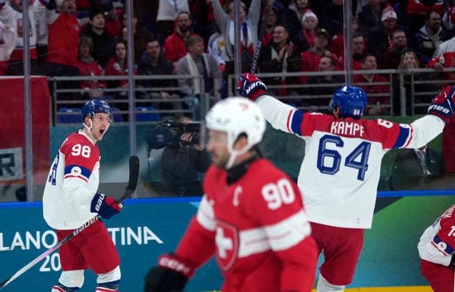 (260215) -- MILAN, Feb. 15, 2026 -- Martin Necas (L) and David Kampf (R) of the Czech Republic celebrate during the Ice hockey, Eishockey men s preliminary round group A match between Switzerland and the Czech Republic of the Milan-Cortina 2026 Olympic Winter games, Winterspiele,Spiele, Summer games in Milan, Italy, Feb. 15, 2026. ) (MICO2026)ITALY-MILAN-OLYMPIC WINTER GAMES-ICE HOCKEY-MEN-PRELIMINARY-SUI VS CZE TaoxXiyi 