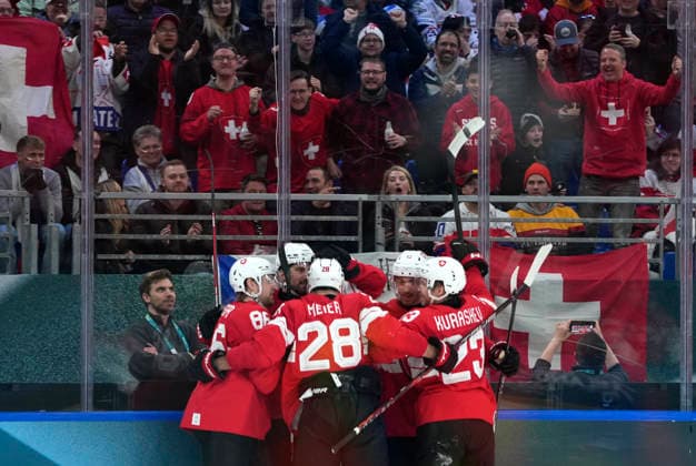 (260215) -- MILAN, Feb. 15, 2026 -- Players of Switzerland celebrate during the Ice hockey, Eishockey men s preliminary round group A match between Switzerland and the Czech Republic of the Milan-Cortina 2026 Olympic Winter games, Winterspiele,Spiele, Summer games in Milan, Italy, Feb. 15, 2026. ) (MICO2026)ITALY-MILAN-OLYMPIC WINTER GAMES-ICE HOCKEY-MEN-PRELIMINARY-SUI VS CZE TaoxXiyi 