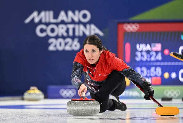 (260215) -- CORTINA D AMPEZZO, Feb. 15, 2026 -- Tabitha Peterson of the United States competes during the curling women round robin session 6 match between China and the United States at the 2026 Milan-Cortina Winter Olympics in Cortina, Italy, Feb. 15, 2026. ) (MICO2026)ITALY-CORTINA D AMPEZZO-OLYMPIC Winter games, Winterspiele,Spiele, Summer games CURLING-WOMEN-ROUND ROBIN LianxYi 