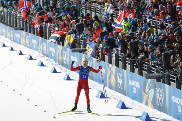 Milan Cortina Olympics: Cross-country skiing Norwegian cross-country skier Johannes Hoesflot Klaebo competes en route to winning the men s 4X7.5km relay gold at the Milan Cortina Olympics on Feb. 15, 2026, at Tesero Cross-Country Skiing Stadium in Tesero, Italy.  A14AA0005288369P
