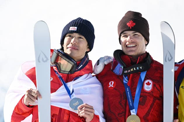 (L-R) Ikuma Horishima (JPN), Mikael Kingsbury (CAN), FEBRUARY 12, 2026 - Freestyle Skiing : Men s Dual Moguls Medal ceremony during the Milano Cortina 2026 Olympic Winter games, Winterspiele,Spiele, Summer games at Livigno Aerials and Moguls Park in Livigno, Italy.  aflo_319931248