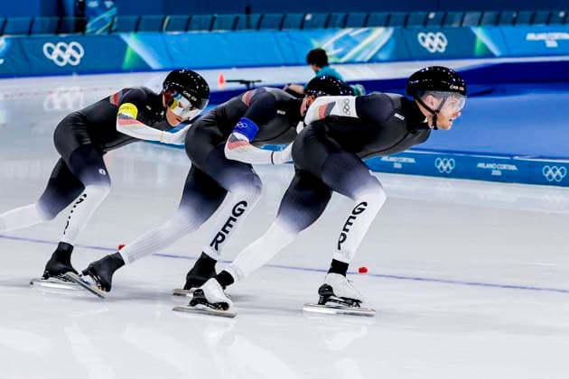 Patrick Beckert of Germany and Felix Maly of Germany and Fridtjof Petzold of Germany Men s Team Pursuit Quarterfinals, Milano Cortina 2026 Winter Olympics: Day 9, Speed skating, Eisschnelllauf - Milano Cortina 2026 Winter Olympics: Day 9, Milano Speed Skating Stadium, February 15, 2026, Milan, Italy.