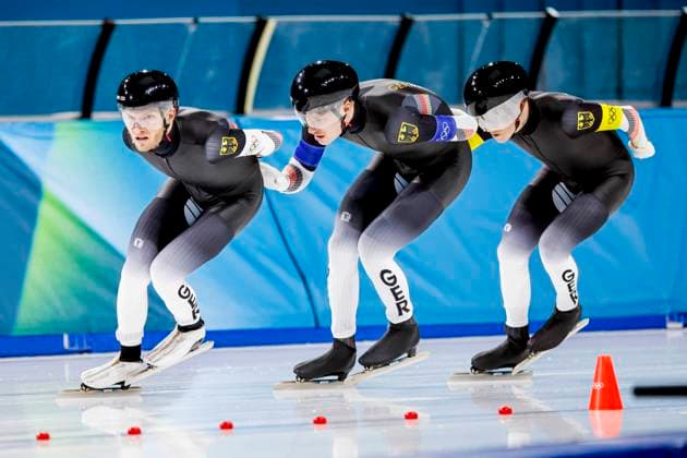 Patrick Beckert of Germany and Felix Maly of Germany and Fridtjof Petzold of Germany Men s Team Pursuit Quarterfinals, Milano Cortina 2026 Winter Olympics: Day 9, Speed skating, Eisschnelllauf - Milano Cortina 2026 Winter Olympics: Day 9, Milano Speed Skating Stadium, February 15, 2026, Milan, Italy.