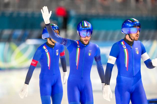2026-02-15 - Milano Cortina 2026 Winter Olympics Speed skating, Eisschnelllauf Men s Team Pursuit MILAN, ITALY - FEBRUARY 15: Andrea Giovannini of Italy, Michele Malfatti of Italy, Davide Ghiotto of Italy during the Speed Skating Men s Team Pursuit Quarterfinals of the Milano Cortina 2026 Winter Olympics at the Milano Speed Skating Arena on February 15, 2026 in Milan, Italy Milan Milano Speed Skating Arena Italy Content not available for redistribution in The Netherlands directly or indirectly through any third parties. Copyright: xAndrexWeeningx