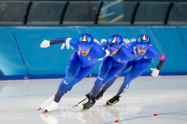 2026-02-15 - Milano Cortina 2026 Winter Olympics Speed skating, Eisschnelllauf Men s Team Pursuit MILAN, ITALY - FEBRUARY 15: Davide Ghiotto of Italy, Michele Malfatti of Italy, Andrea Giovannini of Italy during the Speed Skating Men s Team Pursuit Quarterfinals of the Milano Cortina 2026 Winter Olympics at the Milano Speed Skating Arena on February 15, 2026 in Milan, Italy Milan Milano Speed Skating Arena Italy Content not available for redistribution in The Netherlands directly or indirectly through any third parties. Copyright: xAndrexWeeningx