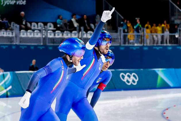 Davide Ghiotto of Italy and Andrea Giovannini of Italy and Michele Malfatti of Italy Ethan celebrates after Men s Team Pursuit Quarterfinals, Milano Cortina 2026 Winter Olympics: Day 9, Speed skating, Eisschnelllauf - Milano Cortina 2026 Winter Olympics: Day 9, Milano Speed Skating Stadium, February 15, 2026, Milan, Italy.