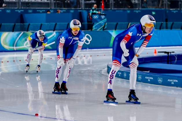Cepuran of United States of America and Casey Dawson of United States of America and Emery Lehman of United States of America looks exhausted after Men s Team Pursuit Quarterfinals, Milano Cortina 2026 Winter Olympics: Day 9, Speed skating, Eisschnelllauf - Milano Cortina 2026 Winter Olympics: Day 9, Milano Speed Skating Stadium, February 15, 2026, Milan, Italy.