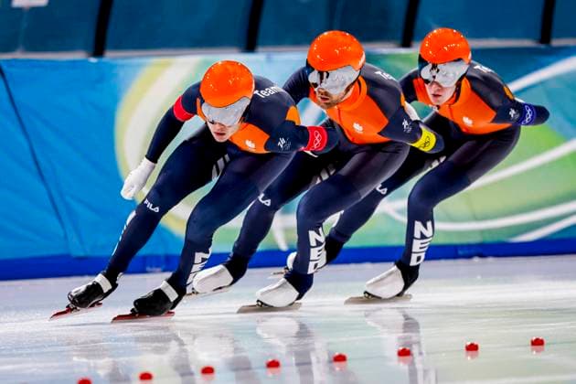 Marcel Bosker of the Netherlands and Chris Huizinga of the Netherlands and Stijn Van De Bunt of the Netherlands Men s Team Pursuit Quarterfinals, Milano Cortina 2026 Winter Olympics: Day 9, Speed skating, Eisschnelllauf - Milano Cortina 2026 Winter Olympics: Day 9, Milano Speed Skating Stadium, February 15, 2026, Milan, Italy.