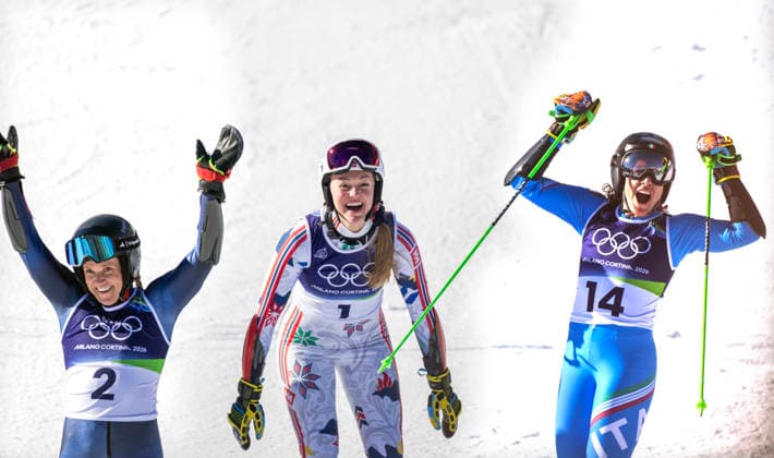 February 15, 2026, Cortina D ampezzo, Lombardy, Italy: Tied silver medalists Sarah Hector of Sweden, left, and Thea Louise Stjernesund of Norway, and gold medal winner Federica Brignone of Italy, far right, celebrate after the Women s Giant Slalom at Tofane Alpine Skiing Centre for the Milano Cortina 2026 Winter Olympics. Cortina D ampezzo Italy - ZUMAsc5_ 20260215_oly_sc5_024 Copyright: xErichxSchlegelx