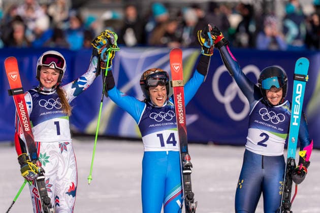 February 15, 2026, Cortina D ampezzo, Belluno, Italy: Norways Thea Louise St Jernesund(left) and Sara Hector(right) shared the silver medal and Gold Medal winner Italian Federica BRIGNONE(center) after the action celebrating at the WomenÃ¢â‚¬â ¢s Giant Slalom Run 1 at this Milano Cortina 2026 Olympics. Cortina D ampezzo Italy - ZUMAa35_ 20260215_oly_a35_029 Copyright: xDanielxA.xAndersonx