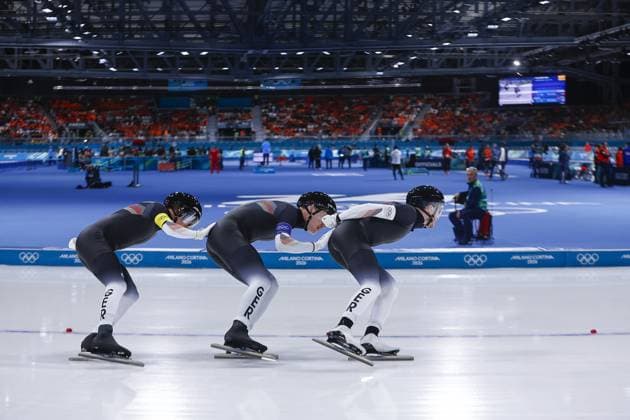 MILAN , 15-02-2026 , Milano Speed skating, Eisschnelllauf Stadium , Olympic Winter games, Winterspiele,Spiele, Summer games 2026 - Speed Skating Team Pursuit men qualification, Picture shows Team Germany P . Beckert, G . GroÂß, F . Maly Olympic Winter Games 2026 - Speed Skating Team Pursuit men qualification  x201627230x Copyright: