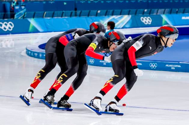 Hanbin Liu of China and Yu Wu of China and Wenhao Li of China Men s Team Pursuit Quarterfinals, Milano Cortina 2026 Winter Olympics: Day 9, Speed skating, Eisschnelllauf - Milano Cortina 2026 Winter Olympics: Day 9, Milano Speed Skating Stadium, February 15, 2026, Milan, Italy.