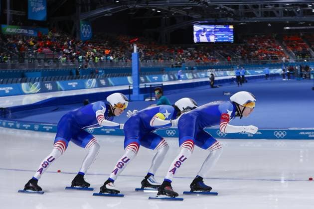 MILAN , 15-02-2026 , Milano Speed skating, Eisschnelllauf Stadium , Olympic Winter games, Winterspiele,Spiele, Summer games 2026 - Speed Skating Team Pursuit men qualification, Picture shows Team USA E . Cepuran, C . Dawson, E . Lehman Olympic Winter Games 2026 - Speed Skating Team Pursuit men qualification  x201627291x Copyright: