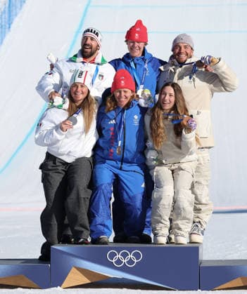 Milano Cortina 2026 - XXV Olympic Winter games, Winterspiele,Spiele, Summer games Livigno - Italy Mixed Team Snowboard Cross Image Show: Podium Mixed Team Snowboard Cross  Copyright: xSergioxBisi IPAxSportx xipa-agency.netx xx IPA_71559147 IPA_Agency_IPA71559147
