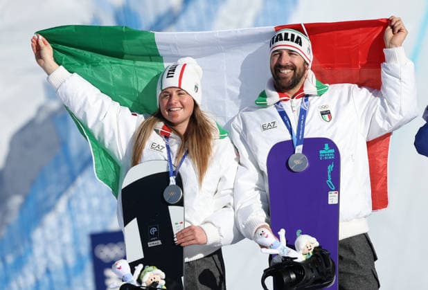 Milano Cortina 2026 - XXV Olympic Winter games, Winterspiele,Spiele, Summer games Livigno - Italy Mixed Team Snowboard Cross Image Show: Silver Medal ITA SOMMARIVA Lorenzo MOIOLI Michela  Copyright: xSergioxBisi IPAxSportx xipa-agency.netx xx IPA_71559162 IPA_Agency_IPA71559162