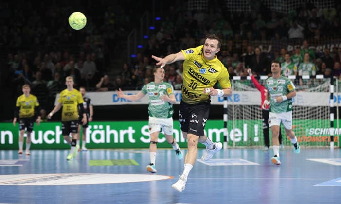 Marco Mengon erzielt ein Tor, Empty Goal Handball HBL Bundesliga Herren 21. Spieltag Saison 2025 2026 15.02.2026 Füchse Berlin vs TBV 1898 Stuttgart