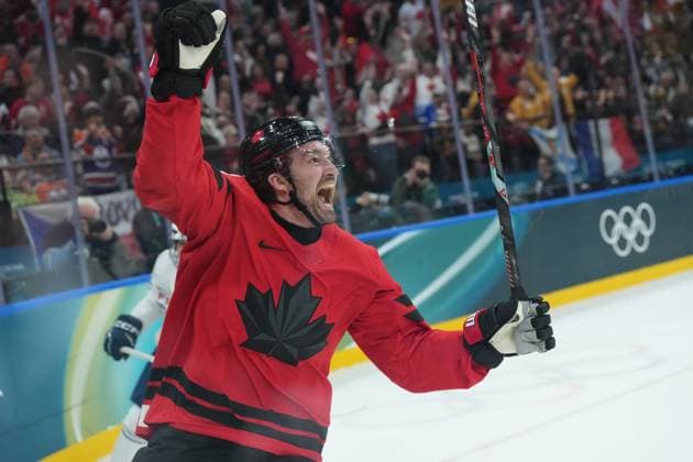 February 15, 2026, Milan, ITALY: Mark Stone (61) of Team Canada celebrates his short-handed goal on Team France during first period Olympic hockey action at the 2026 Milan Cortina Winter Olympics in Milan, Italy on Sunday Feb. 15, 2026. Canada News - February 15, 2026  - ZUMAc35_ 20260215_zaf_c35_078 Copyright: xNathanxDenettex