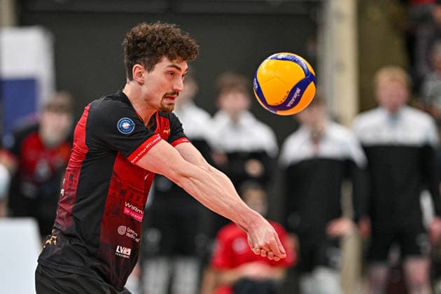 VBL MTV Ludwigsburg - BR Recycling Volleys 15.02.2026 Volleyball, 1. Bundesliga, Herren, Saison 2025 26, Barock Volleys MTV Ludwigsburg (in Rot-Schwarz) vs Berlin Recycling Volleys (in Orange-Schwarz), Tim Köpfli, Copyright: xBEAUTIFULxSPORTS TomxBlochx