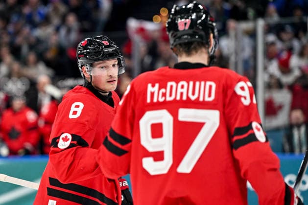 15 02 2026, Milano, Santa Giulia Ice hockey, Eishockey Arena, Winter Olympics: Canada - France (Ice Hockey), Cale Makar of Canada celebrate his goal with Connor McDavid of Canada Milano Santa Giulia Ice Hockey Arena Lombardy Italy *** 15 02 2026, Milano, Santa Giulia Ice Hockey Arena, Winter Olympics Canada France Ice Hockey , Cale Makar of Canada celebrate his goal with Connor McDavid of Canada Milano Santa Giulia Ice Hockey Arena Lombardy Italy Copyright: xJustPictures.ch AndreaxBrancax jp-en-AnBr-AB-AAB_533115022026