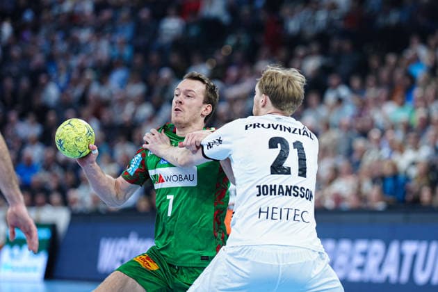 Felix Claar (SC Magdeburg, 07), Eric Johansson (THW Kiel, 21) GER, THW Kiel vs. SC Magdeburg, Handball, 1. Bundesliga, Spieltag 21, Saison 2025 2026, 15.02.2026 GER, THW Kiel vs. SC Magdeburg, Handball, 1. Bundesliga, Spieltag 21, Saison 2025 2026, 15.02.2026 Kiel Copyright: xEibner-Pressefoto MarcelxvonxFehrnx EP_MFN