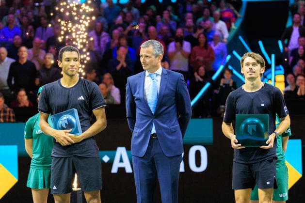 2026-02-15 ABN AMRO Open ROTTERDAM, NETHERLANDS - FEBRUARY 15: Felix Auger-Aliassime of Canada, tournament director Richard Krajicek, Alex de Minaur of Australia during the Final at the ABN AMRO Open at Ahoy on February 15, 2026 in Rotterdam, Netherlands. Rotterdam Ahoy Netherlands Content not available for redistribution in The Netherlands directly or indirectly through any third parties. Copyright: xMarcelxvanxPlateringenx