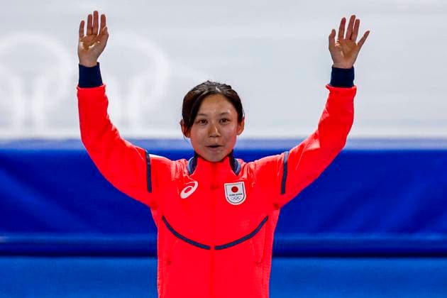 third Miho Takagi of Japan smiling during the medal ceremony after Women s 500m, Milano Cortina 2026 Winter Olympics: Day 9, Speed skating, Eisschnelllauf - Milano Cortina 2026 Winter Olympics: Day 9, Milano Speed Skating Stadium, February 15, 2026, Milan, Italy.