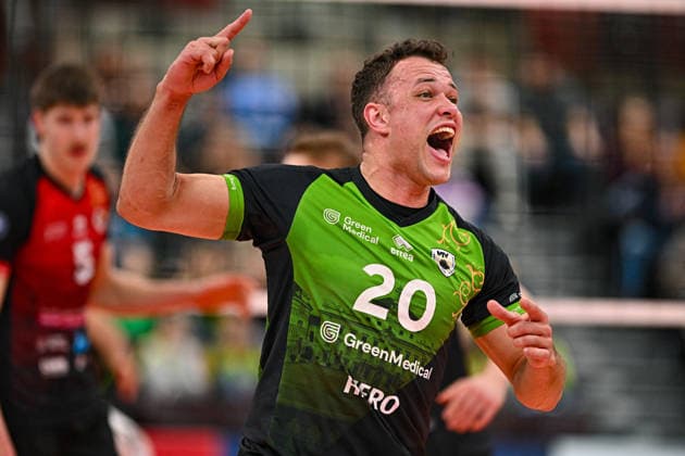 VBL MTV Ludwigsburg - BR Recycling Volleys 15.02.2026 Volleyball, 1. Bundesliga, Herren, Saison 2025 26, Barock Volleys MTV Ludwigsburg (in Rot-Schwarz) vs Berlin Recycling Volleys (in Orange-Schwarz), Jeffrey Klok, Copyright: xBEAUTIFULxSPORTS TomxBlochx