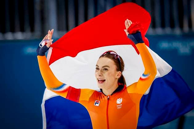 winner Femke Kok of the Netherlands celebrating and holding flag after Women s 500m, Milano Cortina 2026 Winter Olympics: Day 9, Speed skating, Eisschnelllauf - Milano Cortina 2026 Winter Olympics: Day 9, Milano Speed Skating Stadium, February 15, 2026, Milan, Italy.