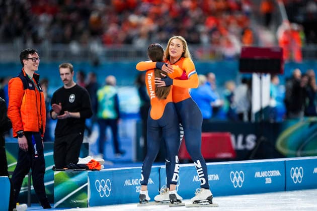 2026-02-15 - Milano Cortina 2026 Winter Olympics 500m Women MILAN, ITALY - FEBRUARY 15: Femke Kok of Netherlands, Jutta Leerdam of Netherlands during the 500m Women Milano Cortina 2026 Winter Olympics at the Milano Speed skating, Eisschnelllauf Arena on February 15, 2026 in Milan, Italy Milan Milano Speed Skating Arena Italy Content not available for redistribution in The Netherlands directly or indirectly through any third parties. Copyright: xAndrexWeeningx