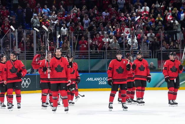 February 15, 2026, Milan, ITALY: Team Canada celebrates the win over France during Olympic hockey action at the 2026 Milan Cortina Winter Olympics in Milan, Italy on Sunday, February 15, 2026. Canada News - February 15, 2026  - ZUMAc35_ 20260215_zaf_c35_116 Copyright: xNathanxDenettex
