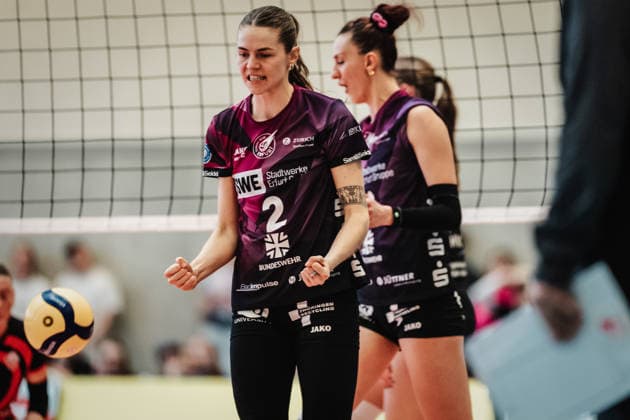 Volleyball Frauen Saison 2025 2026 Volleyball Bundesliga ETV Hamburger Volksbank Volleys vs. Schwarz-Weiß Erfurt 15.02.2026 Elizabeth Sandbothe ( 2, Schwarz-Weiß Erfurt) jubelt Hamburg Sporthalle Hoheluft Hamburg Deutschland