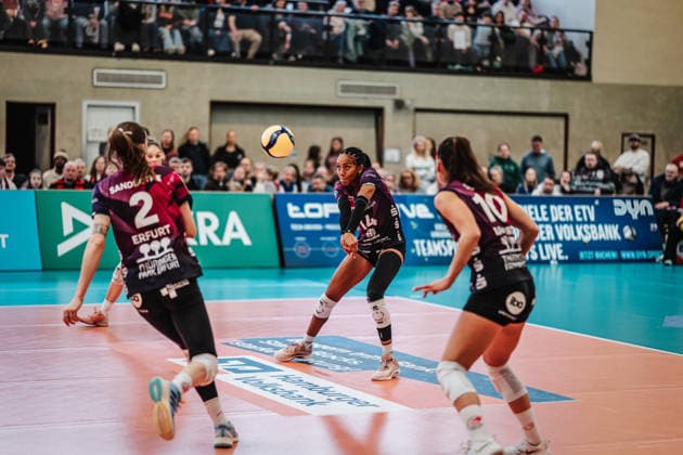 Volleyball Frauen Saison 2025 2026 Volleyball Bundesliga ETV Hamburger Volksbank Volleys vs. Schwarz-Weiß Erfurt 15.02.2026 Alianza Darley ( 14, Schwarz-Weiß Erfurt) nimmt den Ball an Hamburg Sporthalle Hoheluft Hamburg Deutschland