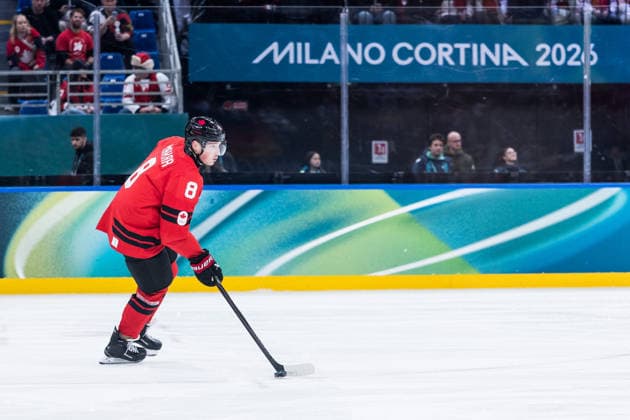MILANO, ITALY - FEBRUARY 15: Cale Makar (Canada, 8) controls the puck during the Ice hockey, Eishockey Men Canada vs France - Preliminary Round - Group A at the Milano Cortina 2026 Olympics at Milano Santagiulia Ice Hockey Arena on day 9 of the Milano Cortina 2026 Olympics on February 15, 2026 in Milano, Italy. Editorial use only. Italy Copyright: xSteffiexWunderlx