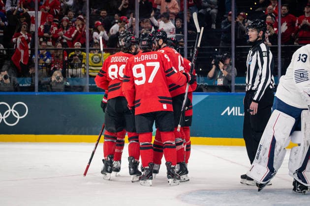 Goal celebration in action during the Menss Ice hockey, Eishockey group stage game between Canada and France at the Olympic Winter games, Winterspiele,Spiele, Summer games Milano Cortina 2026 at the Milano Santa Giulia Ice Hockey Arena, Milan, Italy, on February 15, 2026. im Gruppenspiel der Männer im Eishockey zwischen Kanada und Frankreich bei den Olympischen Winterspielen Milano Cortina 2026 in der Milano Santa Giulia Ice Hockey Arena, Mailand, Italien, am 15. Februar 2026. *** Goal celebration in action during the Mens ice hockey group stage game between Canada and France at the Olympic Winter Games Milano Cortina 2026 at the Milano Santa Giulia Ice Hockey Arena, Milan, Italy, on February 15, 2026 in the Mens ice hockey group stage game between Canada and France at the Olympic Winter Games Milano Cortina 2026 at the Milano Santa Giulia Ice Hockey Arena, Milan, Italy, on February 15, 2026 Copyright: HMBxMedia MarcxNiemeyer