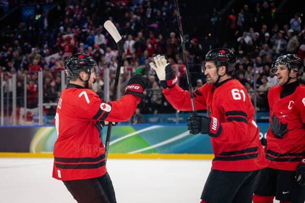 Goal celebration Devon Toews (Canada, 7) in action during the Menss Ice hockey, Eishockey group stage game between Canada and France at the Olympic Winter games, Winterspiele,Spiele, Summer games Milano Cortina 2026 at the Milano Santa Giulia Ice Hockey Arena, Milan, Italy, on February 15, 2026. im Gruppenspiel der Männer im Eishockey zwischen Kanada und Frankreich bei den Olympischen Winterspielen Milano Cortina 2026 in der Milano Santa Giulia Ice Hockey Arena, Mailand, Italien, am 15. Februar 2026. *** Goal celebration Devon Toews Canada, 7 in action during the Mens ice hockey group stage game between Canada and France at the Olympic Winter Games Milano Cortina 2026 at the Milano Santa Giulia Ice Hockey Arena, Milan, Italy, on February 15, 2026 in the Mens ice hockey group stage game between Canada and France at the Olympic Winter Games Milano Cortina 2026 at the Milano Santa Giulia Ice Hockey Arena, Milan, Italy, on February 15, 2026 Copyright: HMBxMedia MarcxNiemeyer