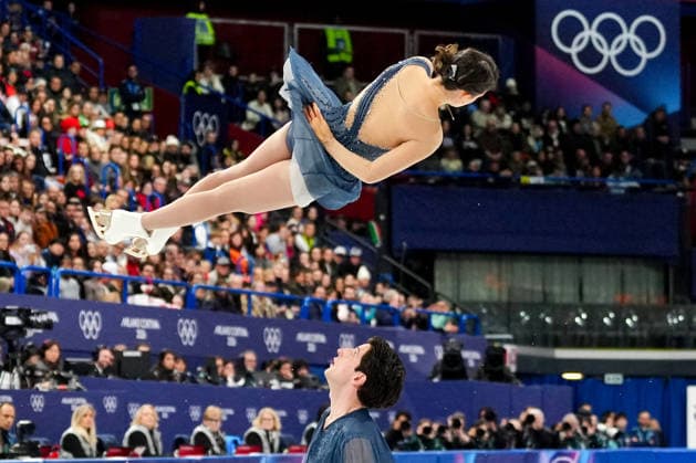 GOLUBEVA Anastasiia GIOTOPOULOS MOORE Hektor competing for the Olympic Figure skating, Eiskunstlauf Pair Skating, Short Program for the Milano Cortina 2026 Winter Olympics, in Milan (Italy) February 15, 2026 (Photo Claudio Furlan LaPresse)  Copyright: xClaudioxFurlan LaPressex