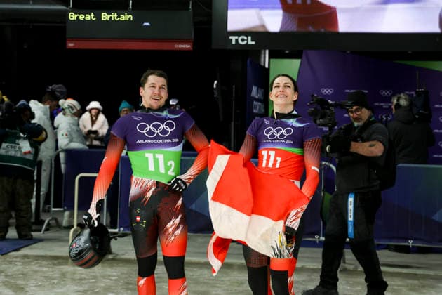 OLYMPICS - Winter Olympic Games, Olympische Spiele, Olympia, OS Milano Cortina 2026 CORTINA D AMPEZZO,ITALY,15.FEB.26 - OLYMPICS, SKELETON - Winter Olympic Games Milano Cortina 2026, mixed team. Image shows Samuel Maier and Janine Flock (AUT).  GEPAxpictures xMaticxKlansek