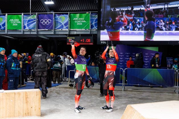 OLYMPICS - Winter Olympic Games, Olympische Spiele, Olympia, OS Milano Cortina 2026 CORTINA D AMPEZZO,ITALY,15.FEB.26 - OLYMPICS, SKELETON - Winter Olympic Games Milano Cortina 2026, mixed team. Image shows Samuel Maier and Janine Flock (AUT).  GEPAxpictures xMaticxKlansek