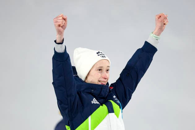 OLYMPICS - Winter Olympic Games, Olympische Spiele, Olympia, OS Milano Cortina 2026 PREDAZZO,ITALY,15.FEB.26 - OLYMPICS, Ski jumping, Skispringen, Ski, nordisch - Winter Olympic Games Milano Cortina 2026, large hill, women, medal ceremony. Image shows the rejoicing of Nika Prevc (SLO).  GEPAxpictures xMatthiasxTrinkl