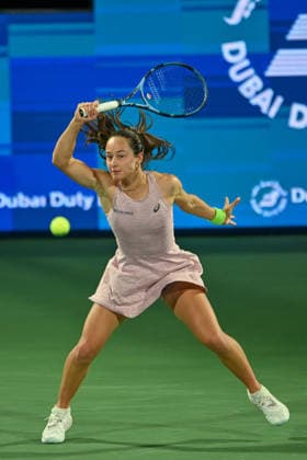 2026 Dubai Duty Free Tennis Championship DUBAI, UAE - FEBRUARY 15: Zeynep Sonmez of Turkiye competes against Sara Bejlek (not seen) of Czech Republic during Dubai Duty Free Tennis Championship at Dubai Duty Tennis Stadium in Dubai, UAE on February 15, 2026. Waleed Zein Anadolu Dubai United Arab Emirates. Editorial use only. Please get in touch for any other usage.  Copyright: x2026xAnadoluxWaleedxZeinx