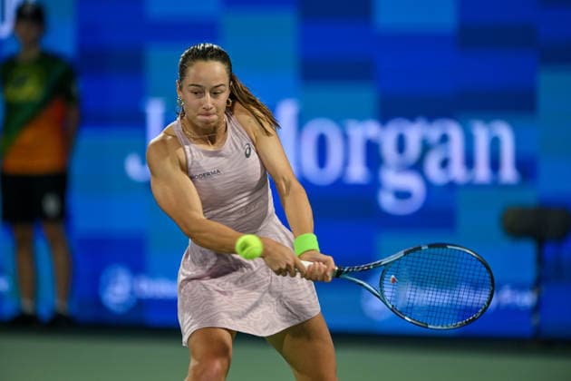 2026 Dubai Duty Free Tennis Championship DUBAI, UAE - FEBRUARY 15: Zeynep Sonmez of Turkiye competes against Sara Bejlek (not seen) of Czech Republic during Dubai Duty Free Tennis Championship at Dubai Duty Tennis Stadium in Dubai, UAE on February 15, 2026. Waleed Zein Anadolu Dubai United Arab Emirates. Editorial use only. Please get in touch for any other usage.  Copyright: x2026xAnadoluxWaleedxZeinx
