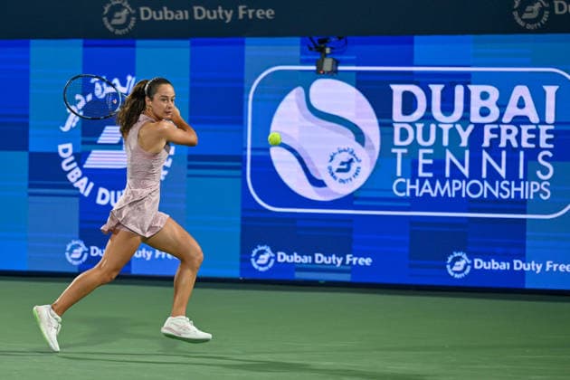 2026 Dubai Duty Free Tennis Championship DUBAI, UAE - FEBRUARY 15: Zeynep Sonmez of Turkiye competes against Sara Bejlek (not seen) of Czech Republic during Dubai Duty Free Tennis Championship at Dubai Duty Tennis Stadium in Dubai, UAE on February 15, 2026. Waleed Zein Anadolu Dubai United Arab Emirates. Editorial use only. Please get in touch for any other usage.  Copyright: x2026xAnadoluxWaleedxZeinx