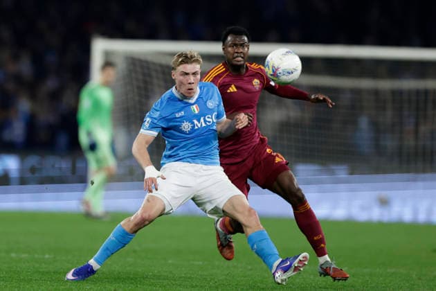 Italy: Serie a football match SSC Napoli vs AS Roma Napoli s Danish forward Rasmus Hojlund challenges for the ball with Roma™s Ivorian defender Evan Ndicka during the Serie A football match between SSC Napoli and AS Roma at the Diego Armando Maradona Stadium in Naples, February 15, 2026. _BPH4117 Copyright: xAntonioxBalascox