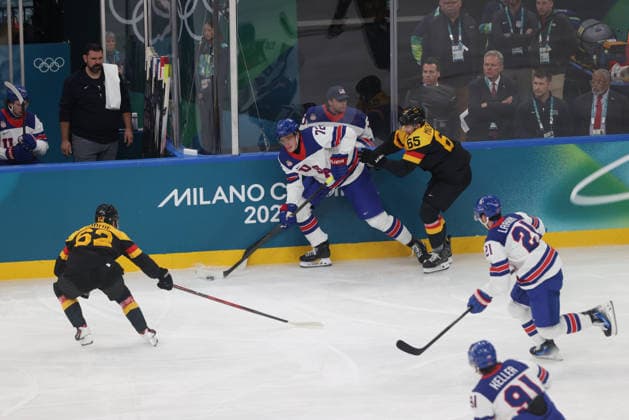 Ice hockey, Eishockey Men In Milan, Italy, on February 15, 2026, Thompson Tage and Michaelis Marc participate in the Ice Hockey Men s game between the United States of America and Germany on day nine of the Milano Cortina 2026 Winter Olympic Games, Olympische Spiele, Olympia, OS at Milano Santa Giulia Ice Hockey Arena. Milano Italy  Copyright: xMattiaxMarteganix originalFilename:martegani-notitle260215_npemf.jpg