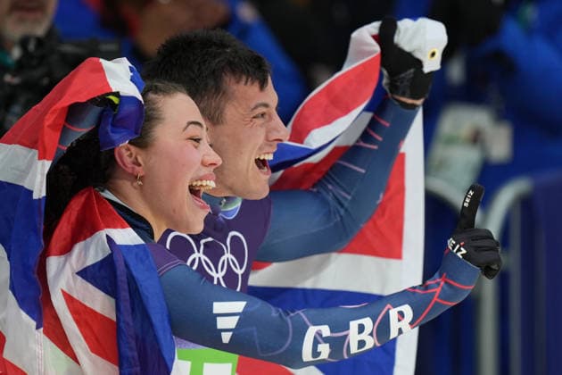 Great Britain ™s team, gold medal during Skeleton Mixed Team at the Cortina Sliding Centre at the Milano Cortina 2026 Winter Olympics, in Cortina (Italy) February 15 , 2026 (Spada LaPresse)  Copyright: xSpada LaPressex