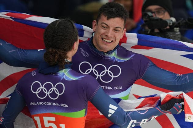 Great Britain ™s team, gold medal during Skeleton Mixed Team at the Cortina Sliding Centre at the Milano Cortina 2026 Winter Olympics, in Cortina (Italy) February 15 , 2026 (Spada LaPresse)  Copyright: xSpada LaPressex