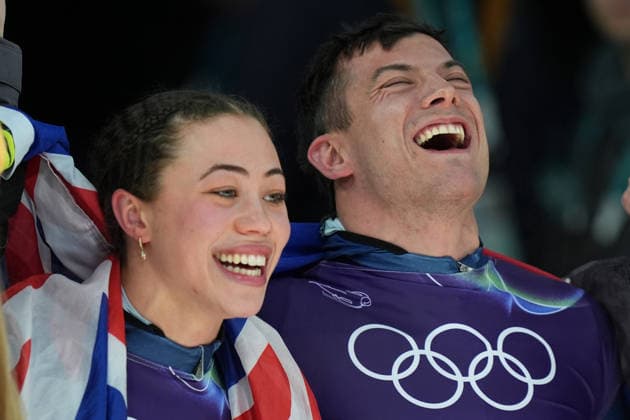 Great Britain ™s team, gold medal during Skeleton Mixed Team at the Cortina Sliding Centre at the Milano Cortina 2026 Winter Olympics, in Cortina (Italy) February 15 , 2026 (Spada LaPresse)  Copyright: xSpada LaPressex