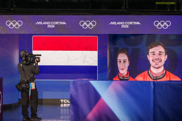 2026-02-15 - Milano Cortina 2026 Winter Olympics Figure skating, Eiskunstlauf Pair Skating MILAN, ITALY - FEBRUARY 15: Daria Danilova, Michel Tsiba of Netherlands performing in the Figure Skating Pair Skating Short Program during the Milano Cortina 2026 Winter Olympics at the Milano Ice Skating Arena on February 15, 2026 in Milan, Italy Milan Milano Ice Skating Arena Italy Content not available for redistribution in The Netherlands directly or indirectly through any third parties. Copyright: xAndrexWeeningx