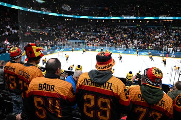 Winter Olympics - Team Germany Fans At Germany v USA Men s Hockey Match Team Germany fans before the men s preliminary round Group C Ice hockey, Eishockey match between USA and Germany at the Milano Santagiulia Ice Hockey Arena during the Milano Cortina 2026 Winter Olympic Games, Olympische Spiele, Olympia, OS in Milan, Italy on February 15, 2026. Photo by JMP ABACAPRESS.COM Milan Italy  Copyright: xJMP ABACAx